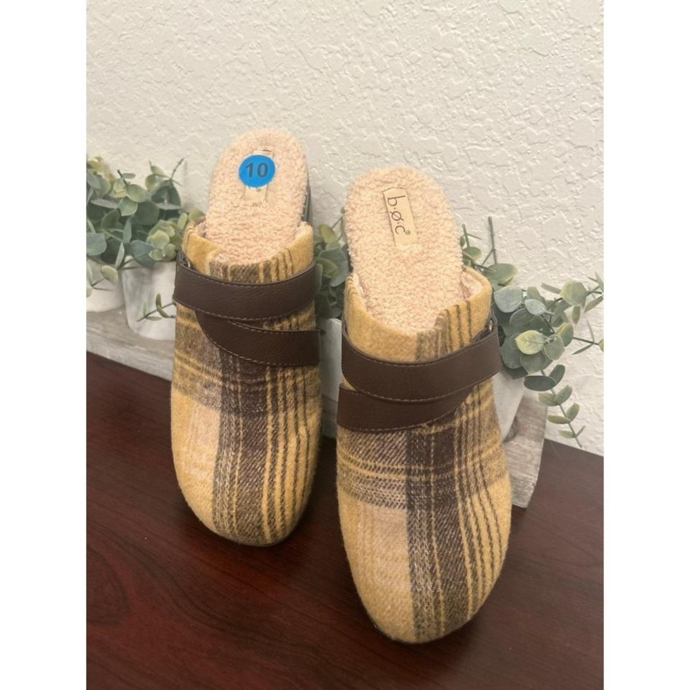 b.o.c. Mae wool clogs with faux fur leather strap yellow plaid size 10